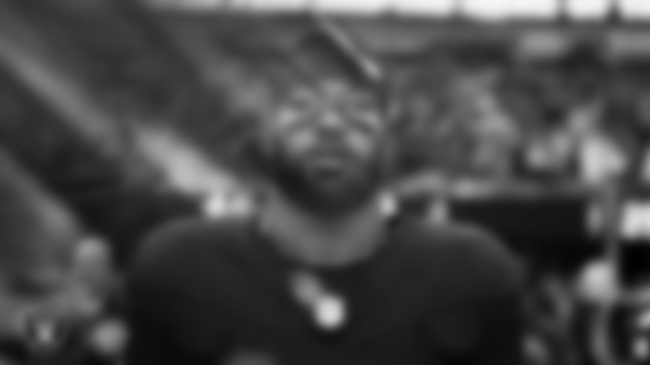 Las Vegas Raiders safety Jeremy Chinn (11) during the national anthem before the regular season home game against the Cleveland Browns at Allegiant Stadium.