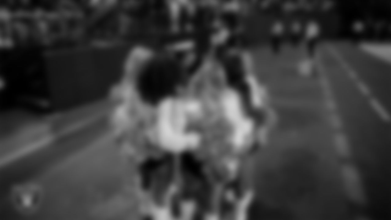 Line 3 of the Raiderettes on the sidelines during the regular season home game against the Kansas City Chiefs at Allegiant Stadium.