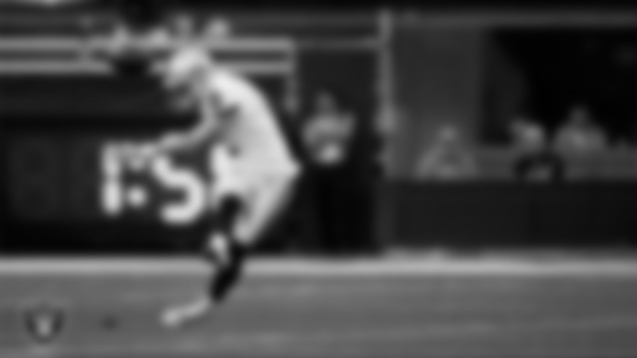 Las Vegas Raiders kicker Daniel Carlson (8) kicks off during the regular season away game against the Los Angeles Chargers at SoFi Stadium.