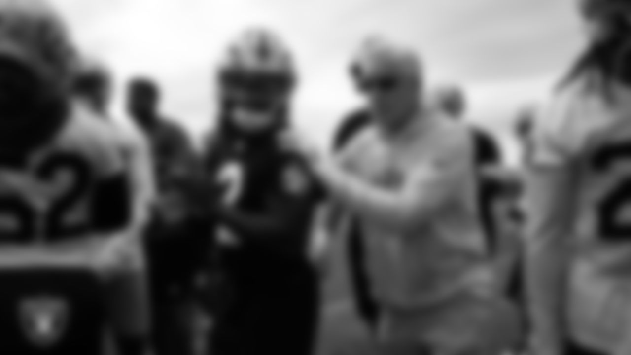 Las Vegas Raiders running back Ashton Jeanty (2) and Head Coach Pete Carroll during practice at Intermountain Health Performance Center.