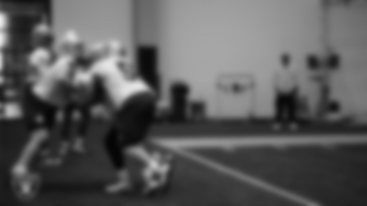 Las Vegas Raiders center Will Putnam (67) and guard Jackson Powers-Johnson (58) during practice at Intermountain Health Performance Center.