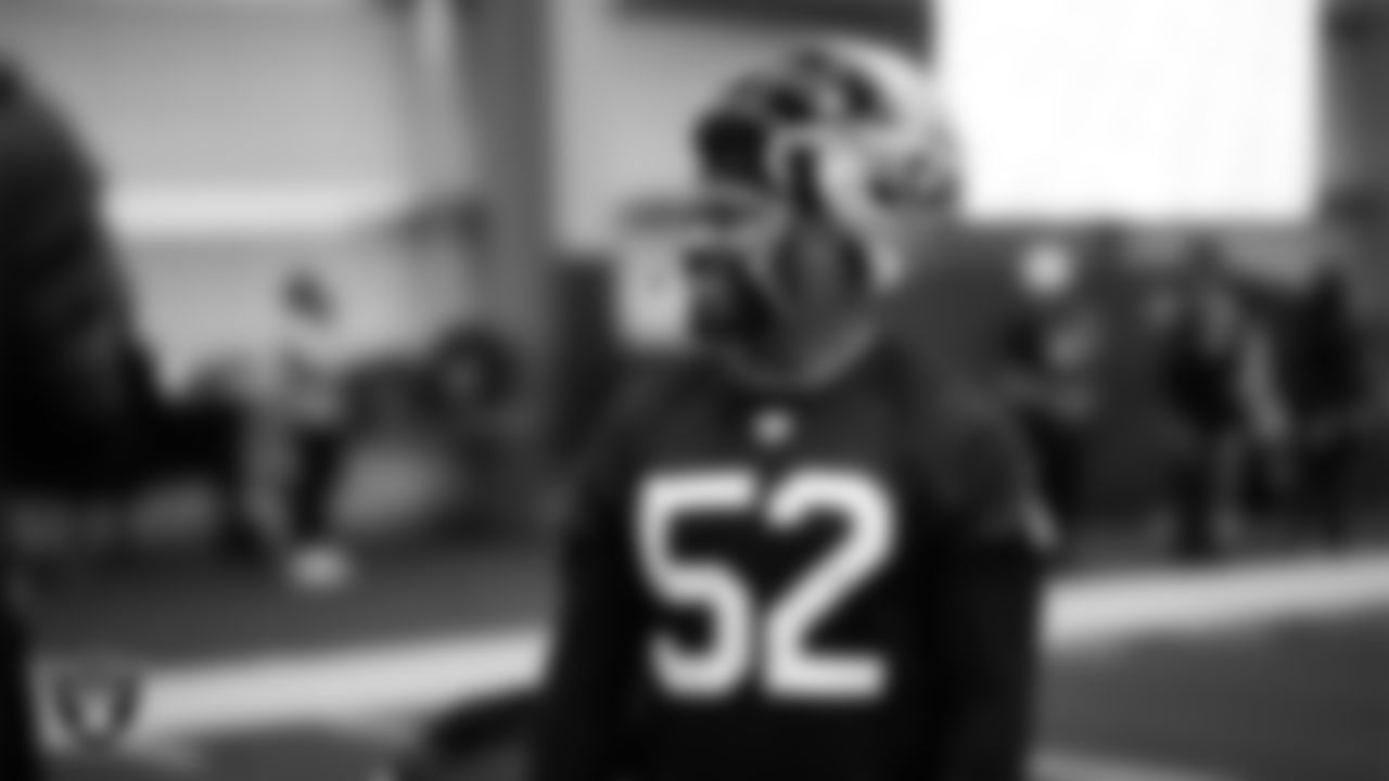 Las Vegas Raiders linebacker Elandon Roberts (52) during practice at Intermountain Health Performance Center.