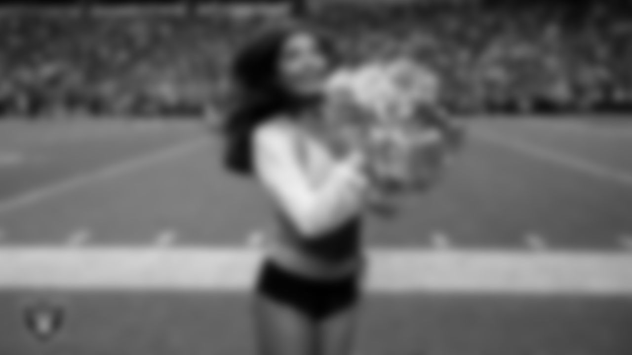 Raiderette Maddie performs on the sidelines during the regular season home game against the Kansas City Chiefs at Allegiant Stadium.