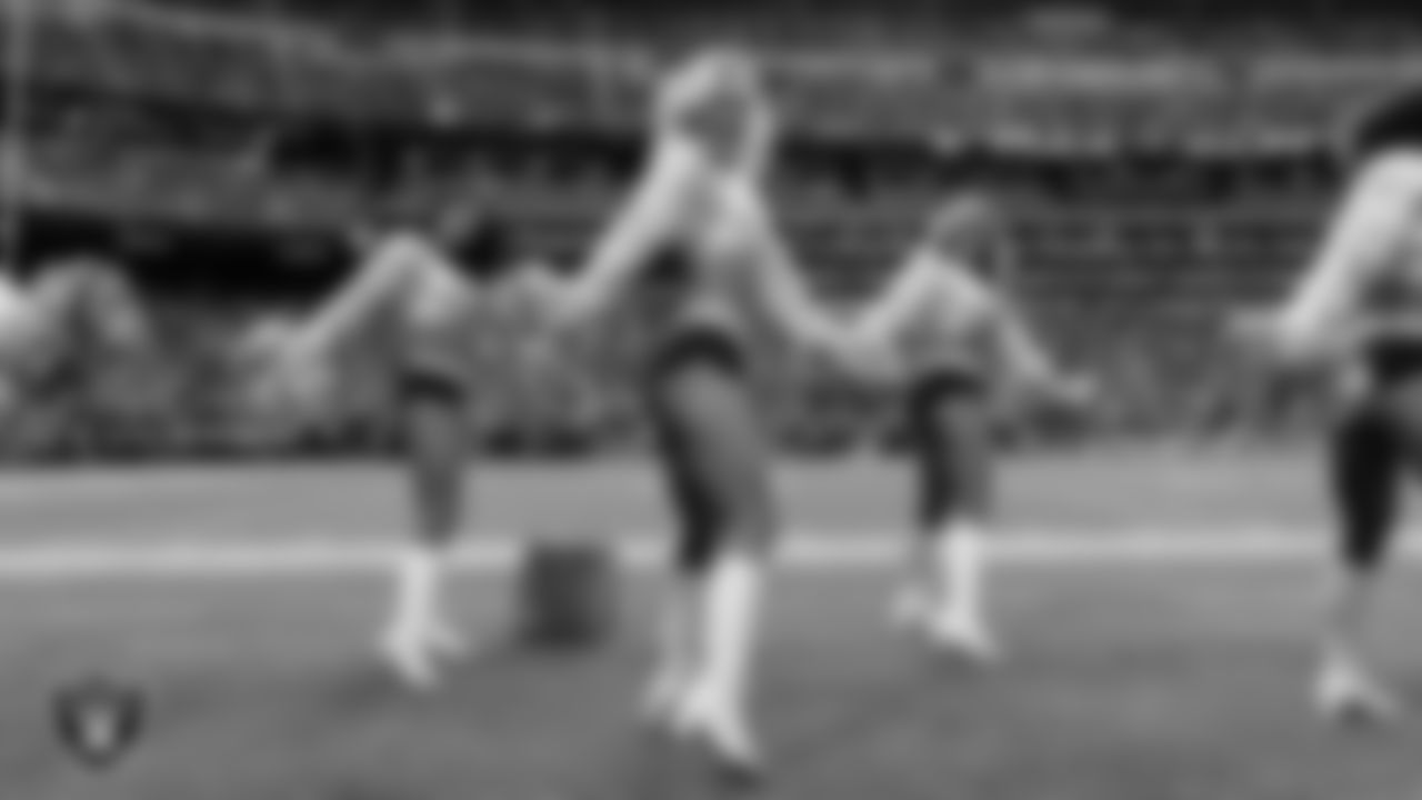 Raiderette Kennedy performs on the sidelines during the preseason home game against the San Francisco 49ers at Allegiant Stadium.