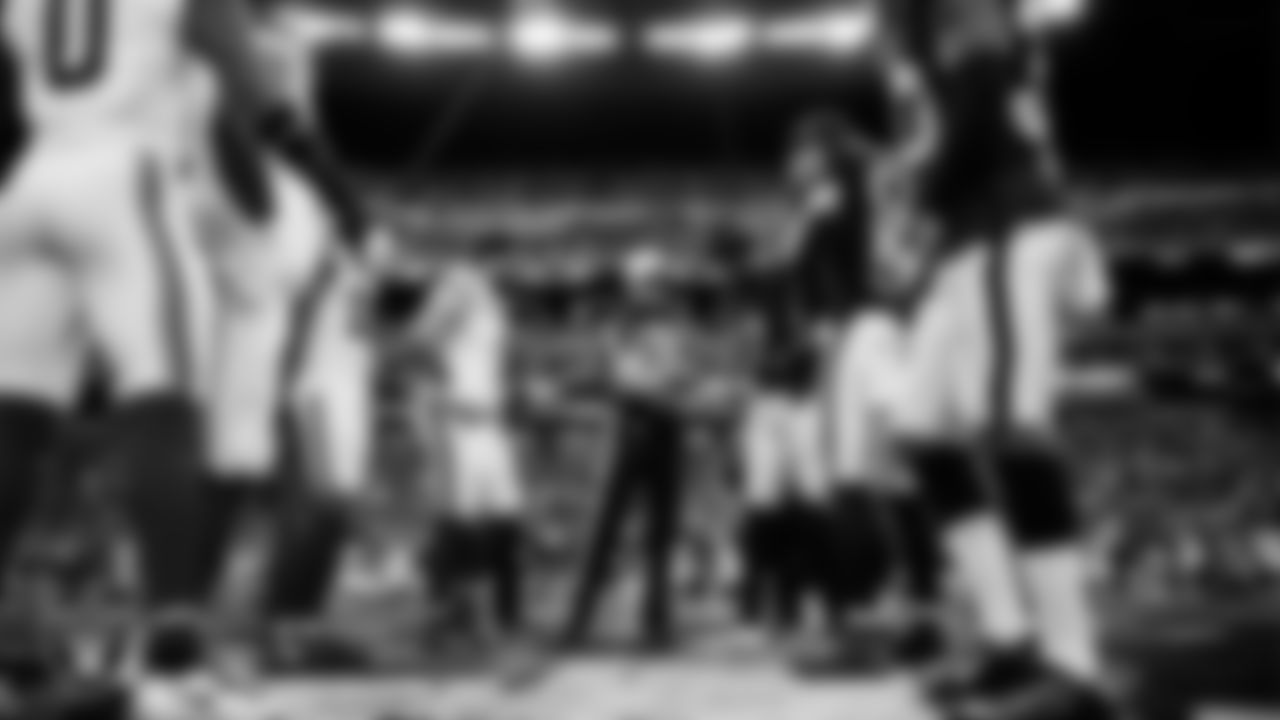 The Las Vegas Raiders during the coin toss before the regular season home game against the New York Giants at Allegiant Stadium.