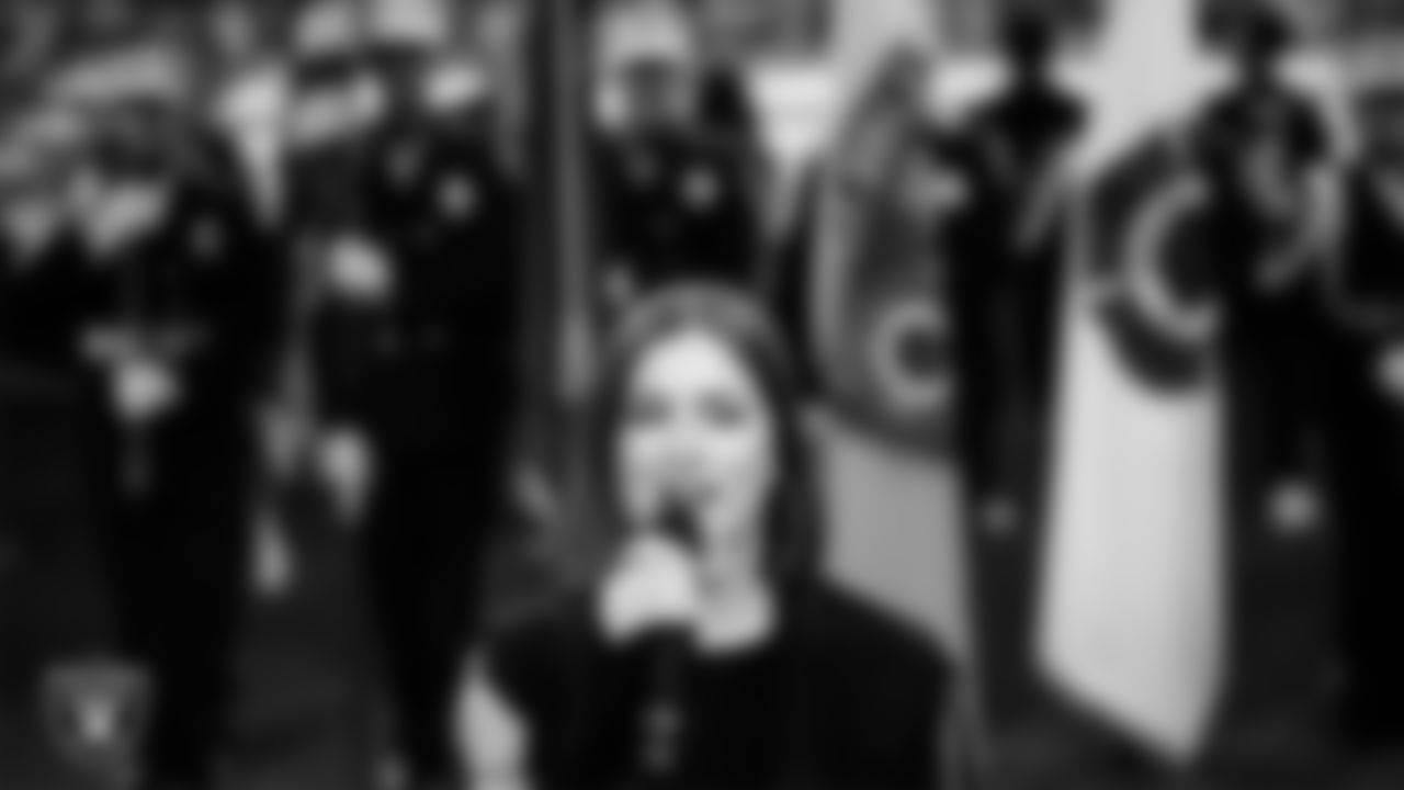 Singer Cassadee Pope performs the national anthem before the Las Vegas Raiders' regular season home game against the Cleveland Browns at Allegiant Stadium.