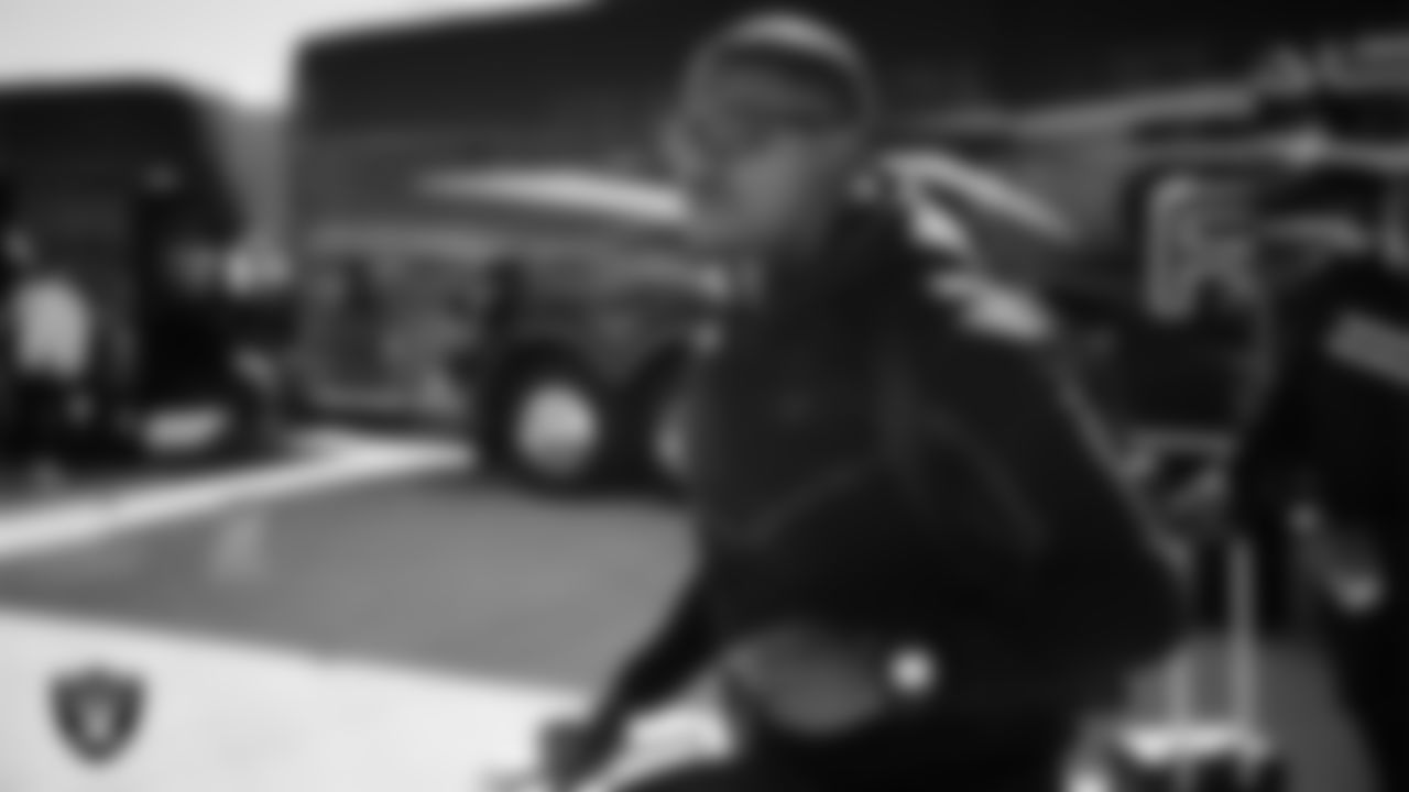 Las Vegas Raiders running backs coach Deland McCullough departs for the regular season away game against the Indianapolis Colts.