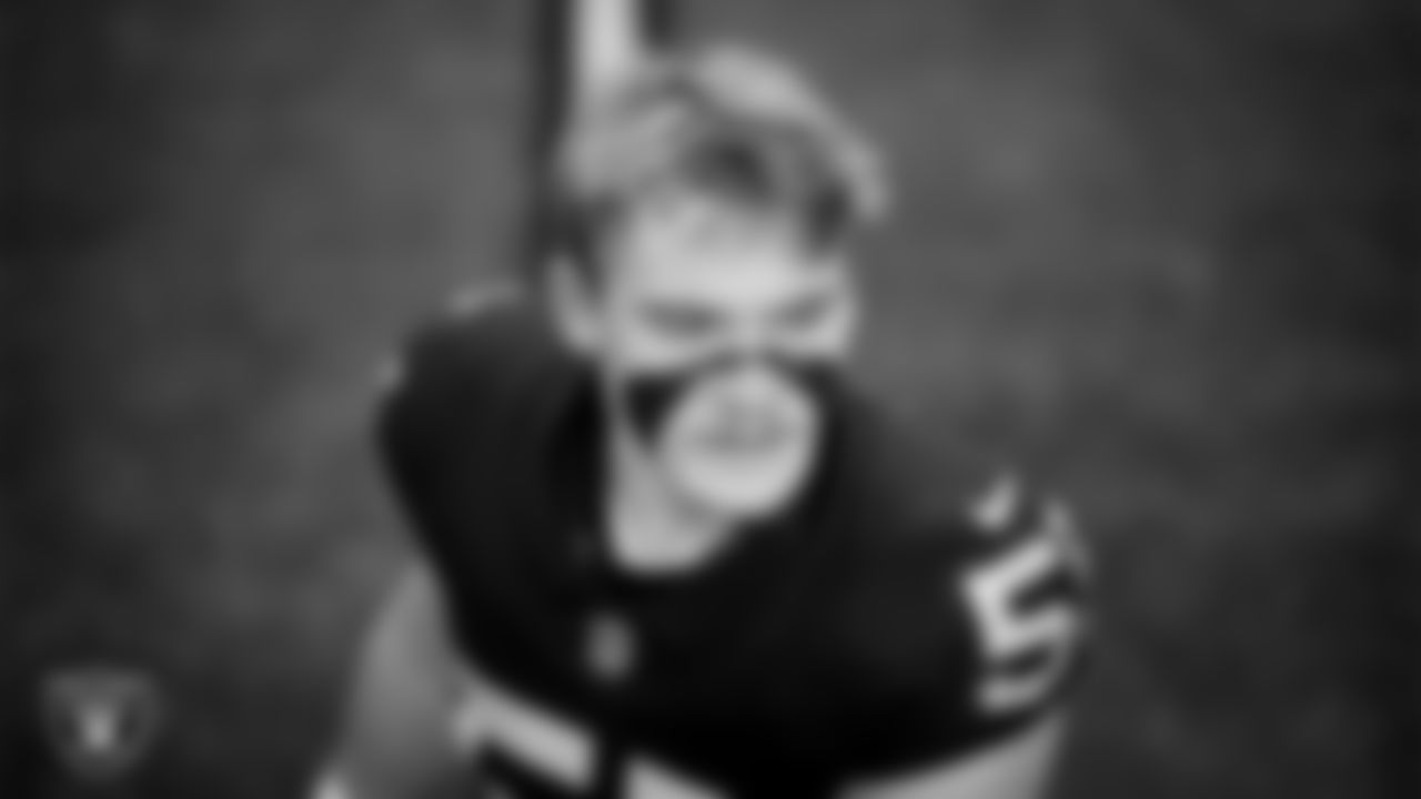 Las Vegas Raiders linebacker Cody Lindenberg (55) warming up before the regular season home game against the Denver Broncos at Allegiant Stadium.