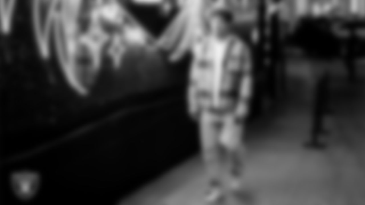 Las Vegas Raiders safety Tristin McCollum (27) arrives to the regular season home game against the Cleveland Browns at Allegiant Stadium.