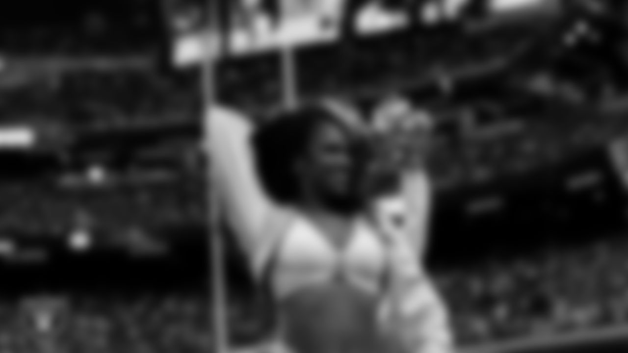 Raiderette Shayla on the sidelines during the regular season home game against the Jacksonville Jaguars at Allegiant Stadium.