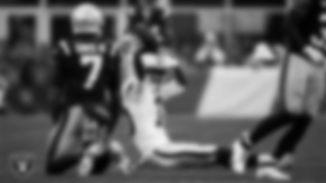 Las Vegas Raiders wide receiver Dont'e Thornton Jr. (10) celebrates after making a first down during the regular season away game against the New England Patriots at Gillette Stadium.