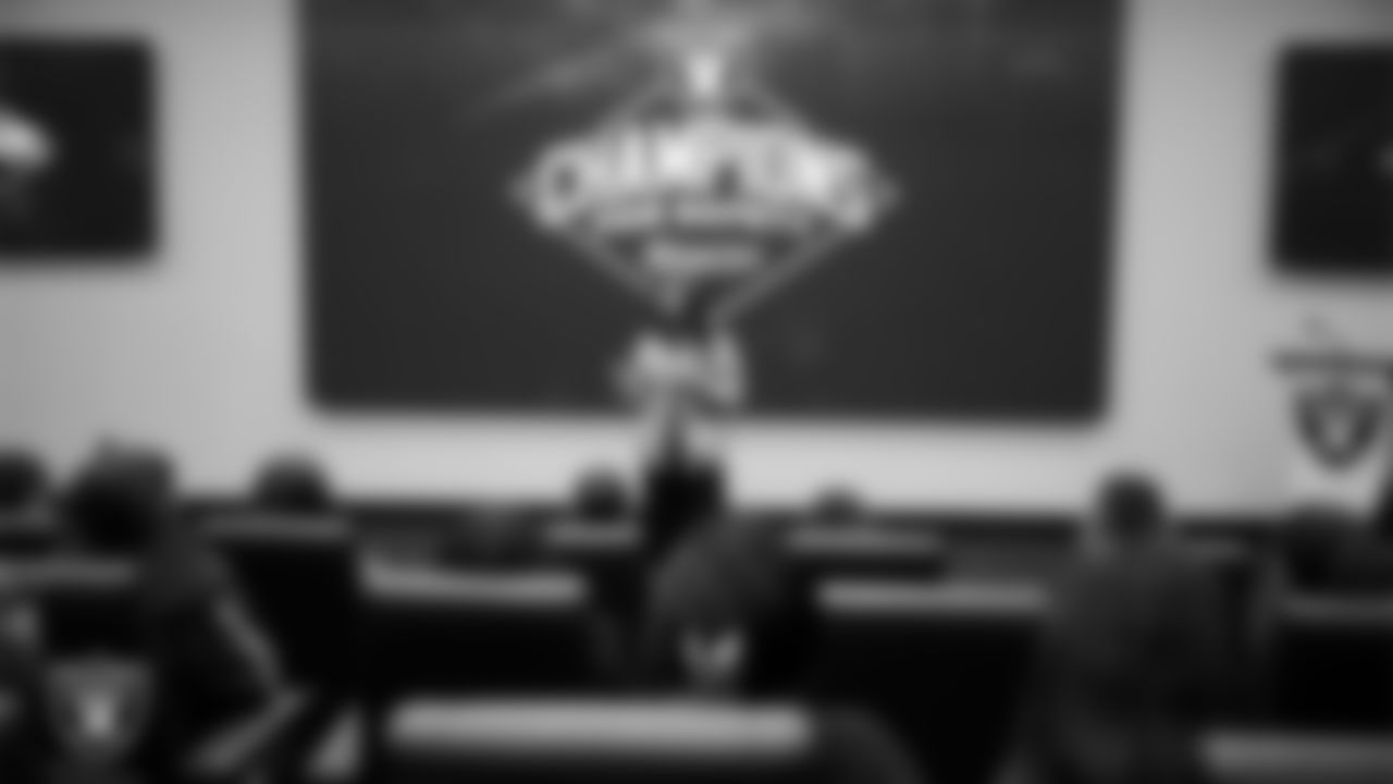 Las Vegas Raiders President Sandra Douglass Morgan speaks to athletes from Clark High School and Chaparral High School at Intermountain Health Performance Center.