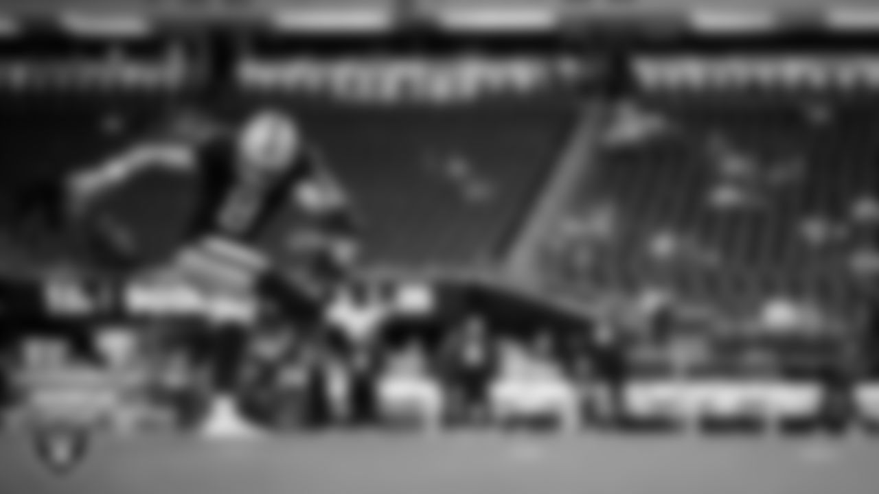 Las Vegas Raiders kicker Daniel Carlson (8) warming up before the regular season home game against the Dallas Cowboys at Allegiant Stadium.