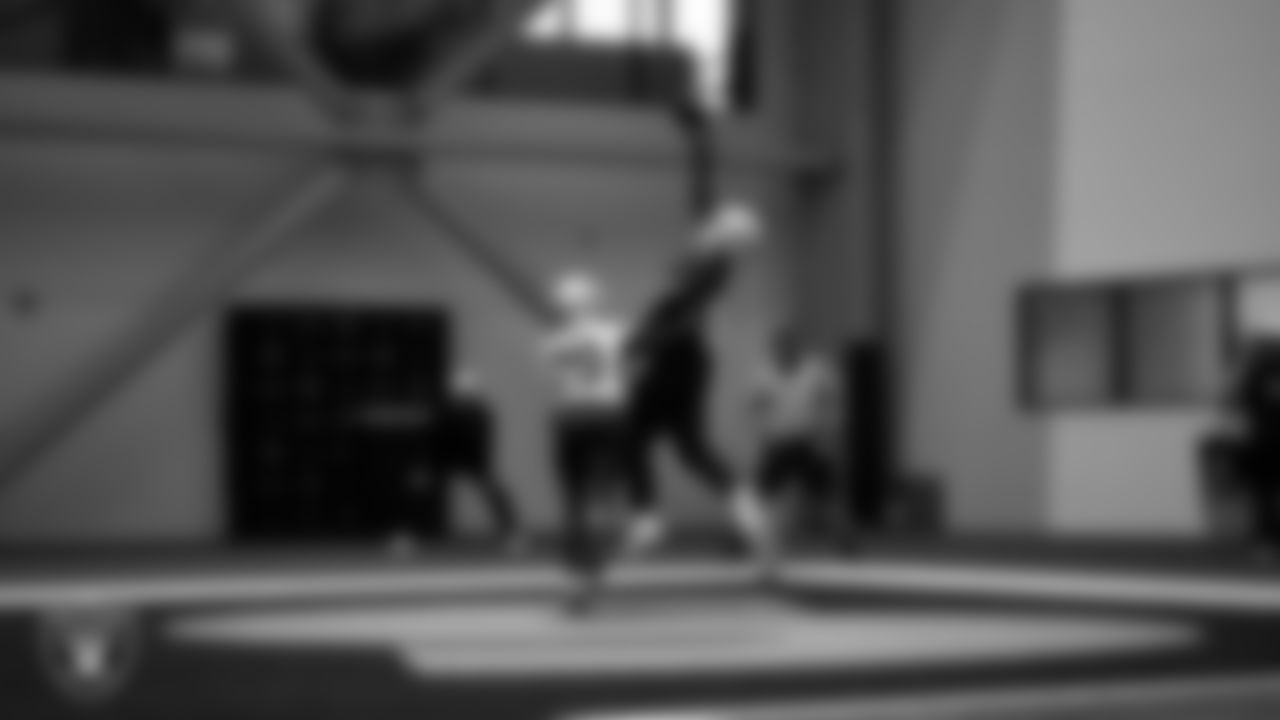 Las Vegas Raiders cornerback Chigozie Anusiem (29) and wide receiver Jack Bech (18) during practice at Intermountain Health Performance Center.