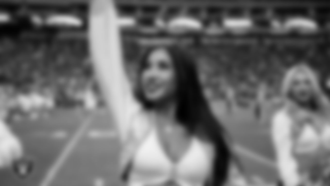 Raiderette Meekela on the sidelines during the regular season home game against the New York Giants at Allegiant Stadium.