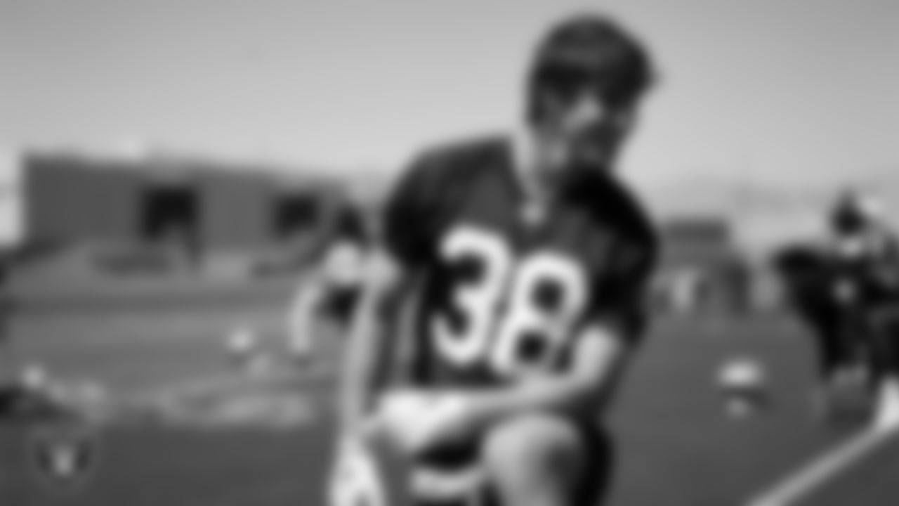 Las Vegas Raiders safety Hudson Clark (38) on the field for mandatory minicamp at Intermountain Health Performance Center.