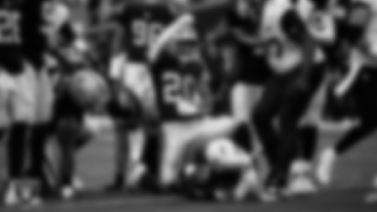 Las Vegas Raiders safety Isaiah Pola-Mao (20) celebrates after making a tackle during the regular season home game against the Jacksonville Jaguars at Allegiant Stadium.