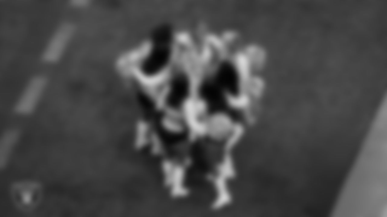 Line 3 of the Raiderettes on the sidelines during the regular season home game against the Tennessee Titans at Allegiant Stadium.