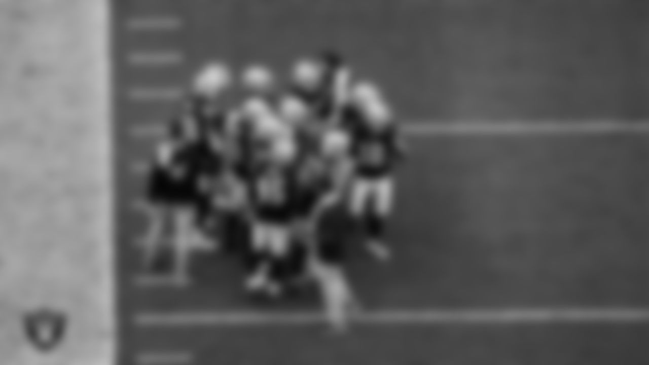 The Las Vegas Raiders special teams huddle during the regular season home game against the Tennessee Titans at Allegiant Stadium.