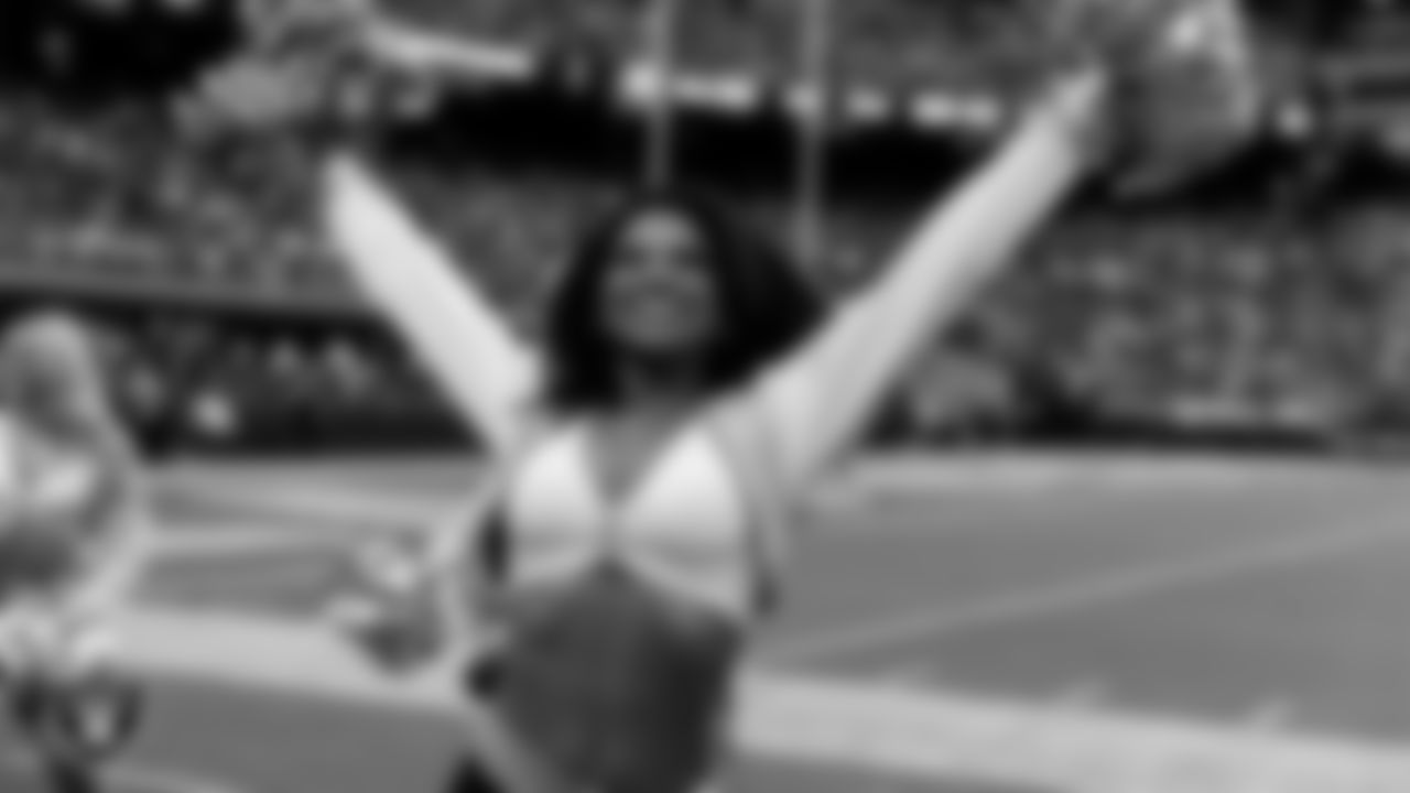 Raiderette Shayla on the sidelines during the preseason home game against the San Francisco 49ers at Allegiant Stadium.