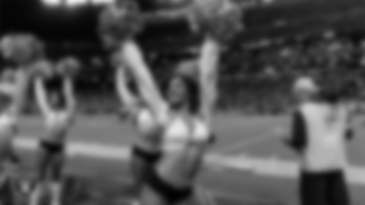 Raiderette Makenna performs on the sidelines during the regular season home game against the Dallas Cowboys at Allegiant Stadium.