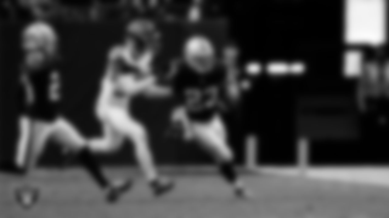 Las Vegas Raiders running back Dylan Laube (23) returns a kickoff during the regular season home game against the Tennessee Titans at Allegiant Stadium.