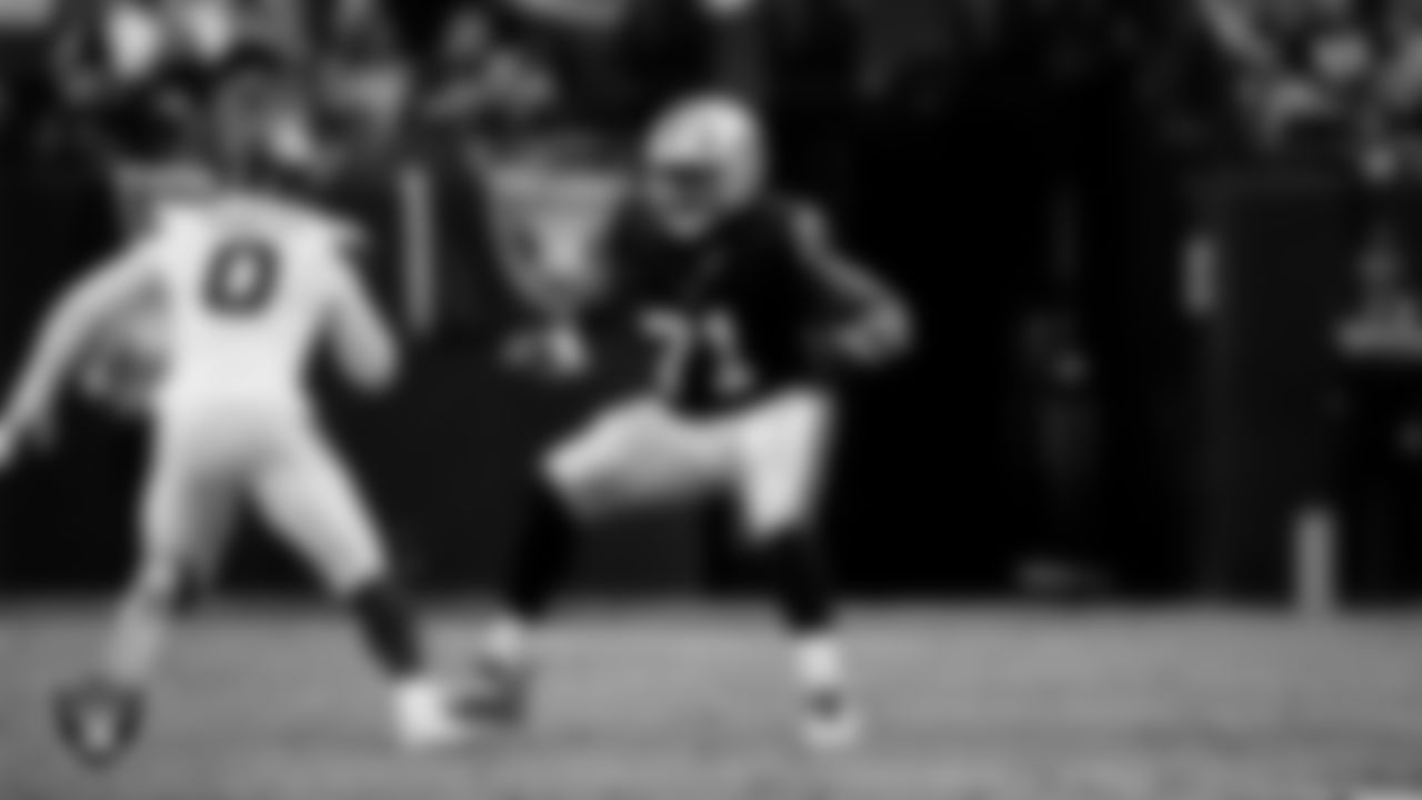 Las Vegas Raiders tackle DJ Glaze (71) during the regular season home game against the Denver Broncos at Allegiant Stadium.