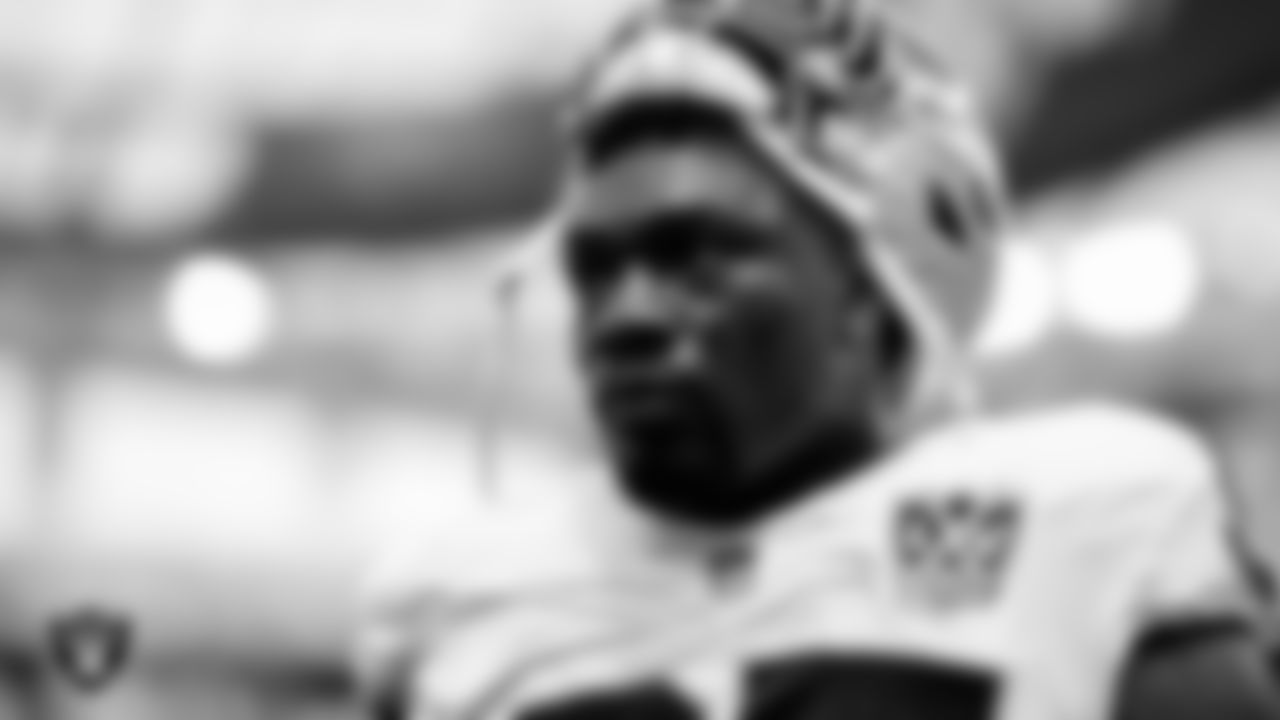 Las Vegas Raiders defensive end Janarius Robinson (97) warming up before the regular season away game against the Los Angeles Chargers at SoFi Stadium.