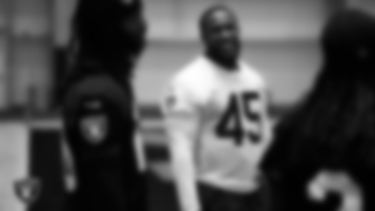 Las Vegas Raiders linebacker Devin White (45) during practice at Intermountain Health Performance Center.