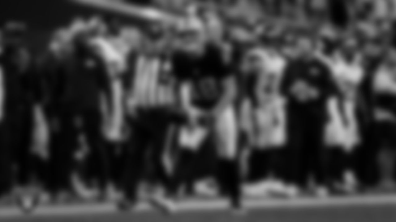 Las Vegas Raiders wide receiver Jack Bech (18) celebrates after making a first down during the regular season home game against the Denver Broncos at Allegiant Stadium.