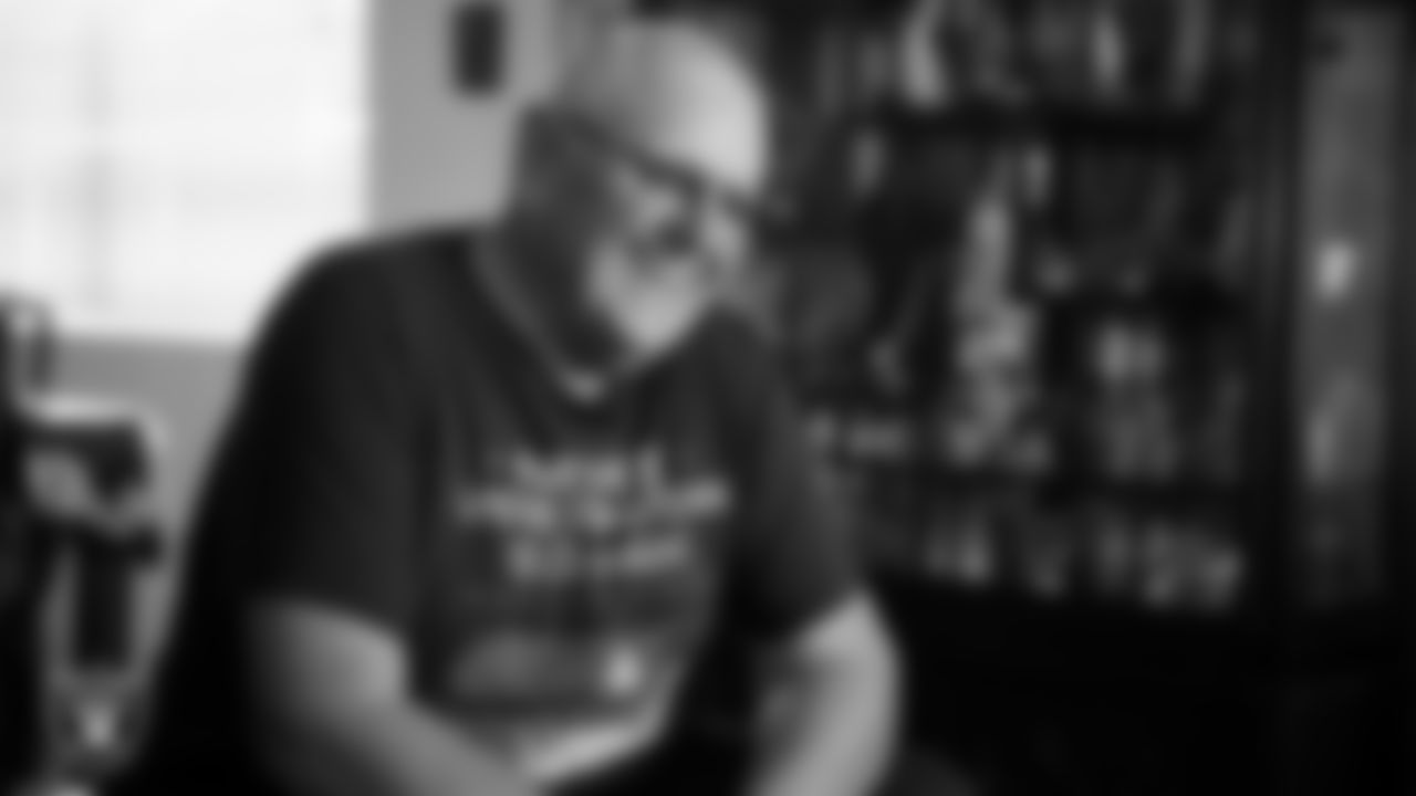 United States Navy Veteran Michael Royal is interviewed after being surprised with tickets to the Las Vegas Raiders' Salute to Service game.