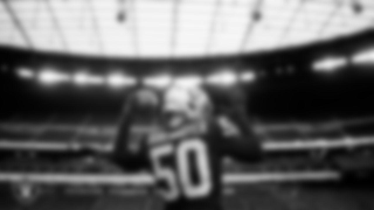 Las Vegas Raiders long snapper Jacob Bobenmoyer (50) warming up before the regular season home game against the New York Giants at Allegiant Stadium.