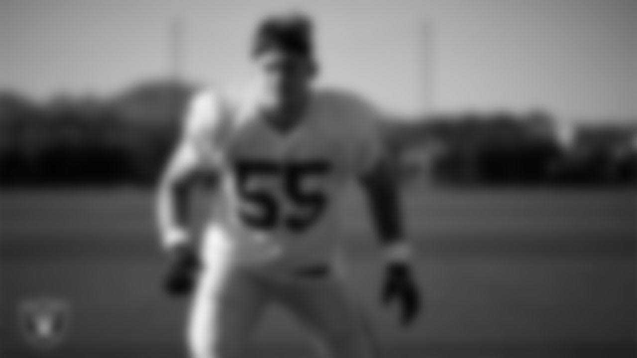 Las Vegas Raiders linebacker Cody Lindenberg (55) on the field for a joint practice with the San Francisco 49ers at 2025 Training Camp at Intermountain Health Performance Center.