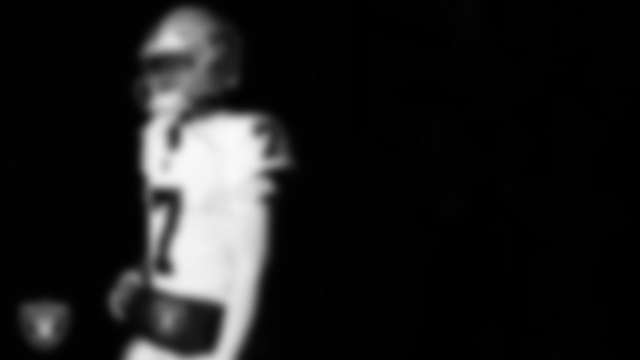 Las Vegas Raiders quarterback Geno Smith (7) walks down the tunnel before the regular season away game against the New England Patriots at Gillette Stadium.