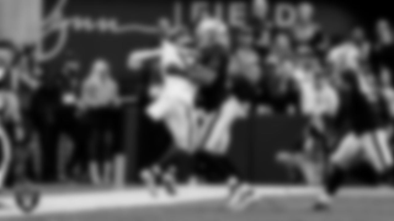 Las Vegas Raiders safety Jeremy Chinn (11) during the regular season home game against the Denver Broncos at Allegiant Stadium.