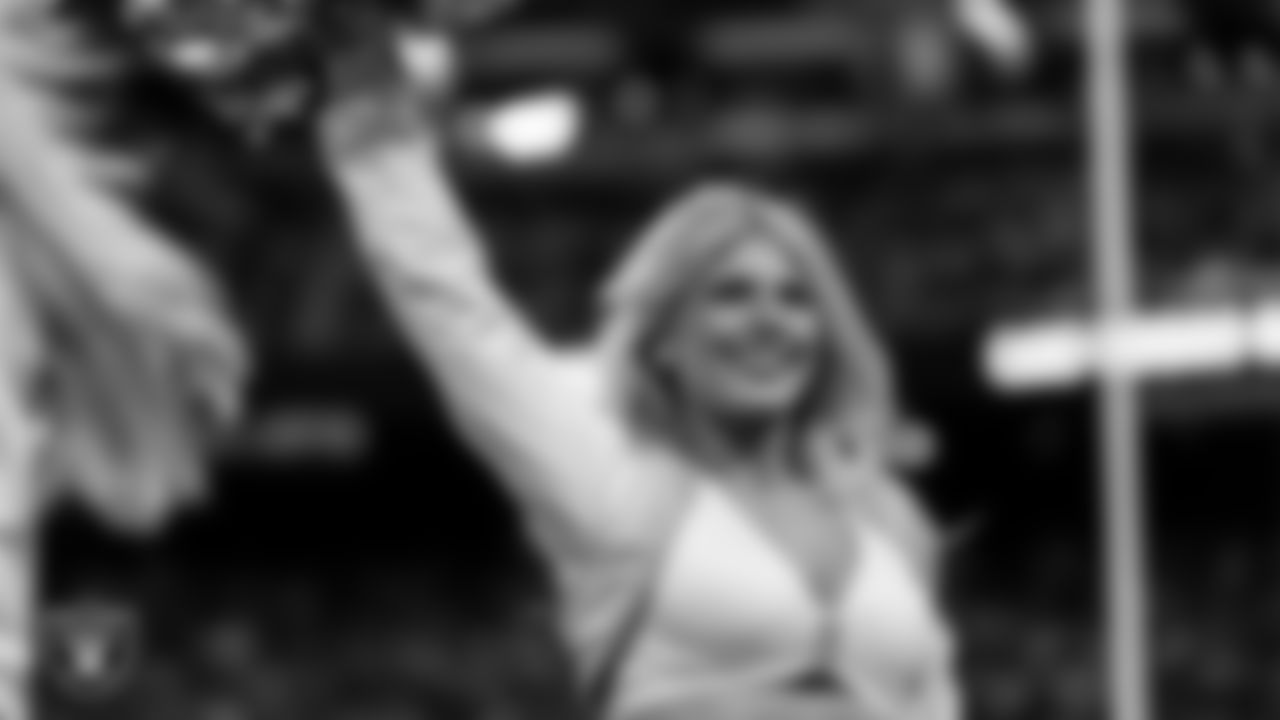 Raiderette Isabella on the sidelines during the regular season home game against the Denver Broncos at Allegiant Stadium.