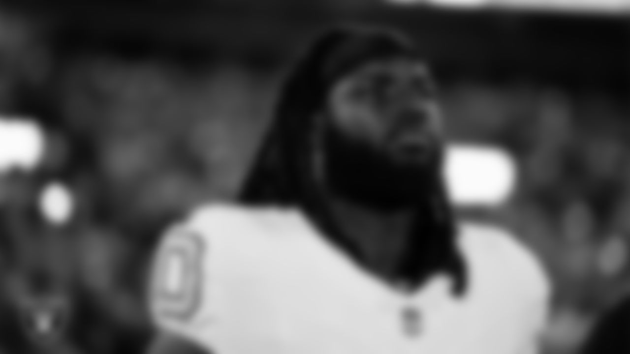 Las Vegas Raiders tight end Ian Thomas (80) during the national anthem before the regular season away game against the Denver Broncos at Empower Field at Mile High.