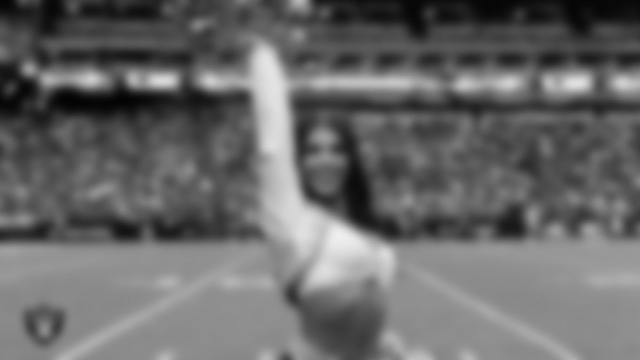 Raiderette Ashtin on the sidelines during the preseason home game against the San Francisco 49ers at Allegiant Stadium.