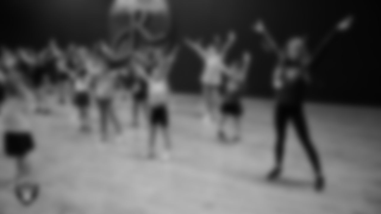 Raiderette Audrey with dancers during day one of summer camp at The Studio.