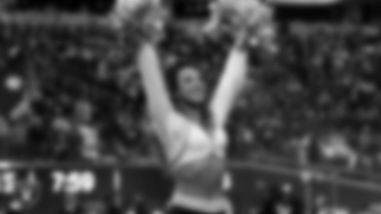 Raiderette Lexie during player introductions before the regular season home game against the Kansas City Chiefs at Allegiant Stadium.