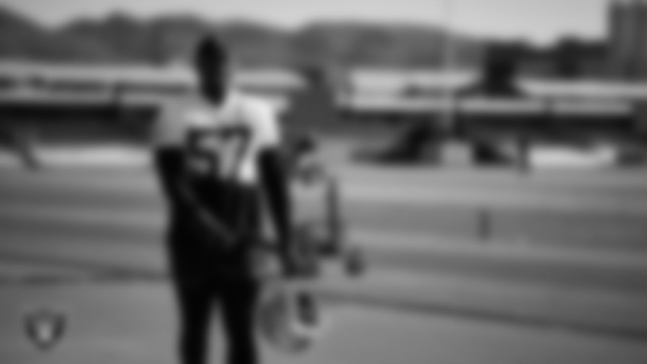 Las Vegas Raiders defensive lineman Boogie Basham (57) during practice at Intermountain Health Performance Center.