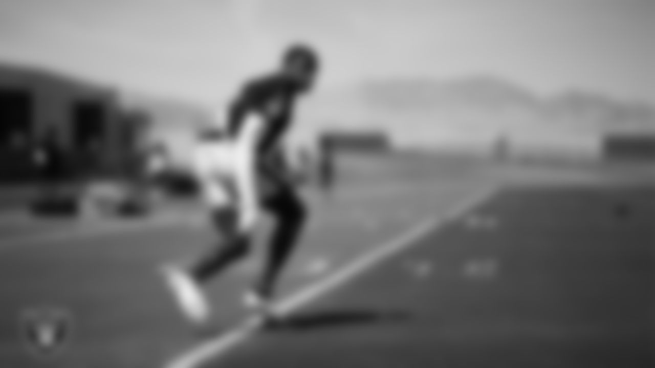 Las Vegas Raiders cornerback Jakorian Bennett (0) at a workout during phase two of the offseason program at Intermountain Health Performance Center.
