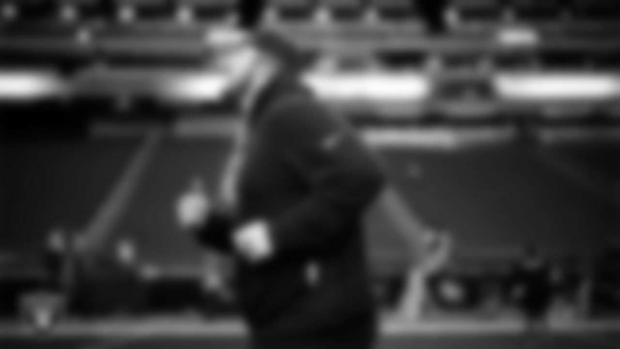 Las Vegas Raiders guard Alex Cappa (65) warming up before the regular season home game against the Denver Broncos at Allegiant Stadium.