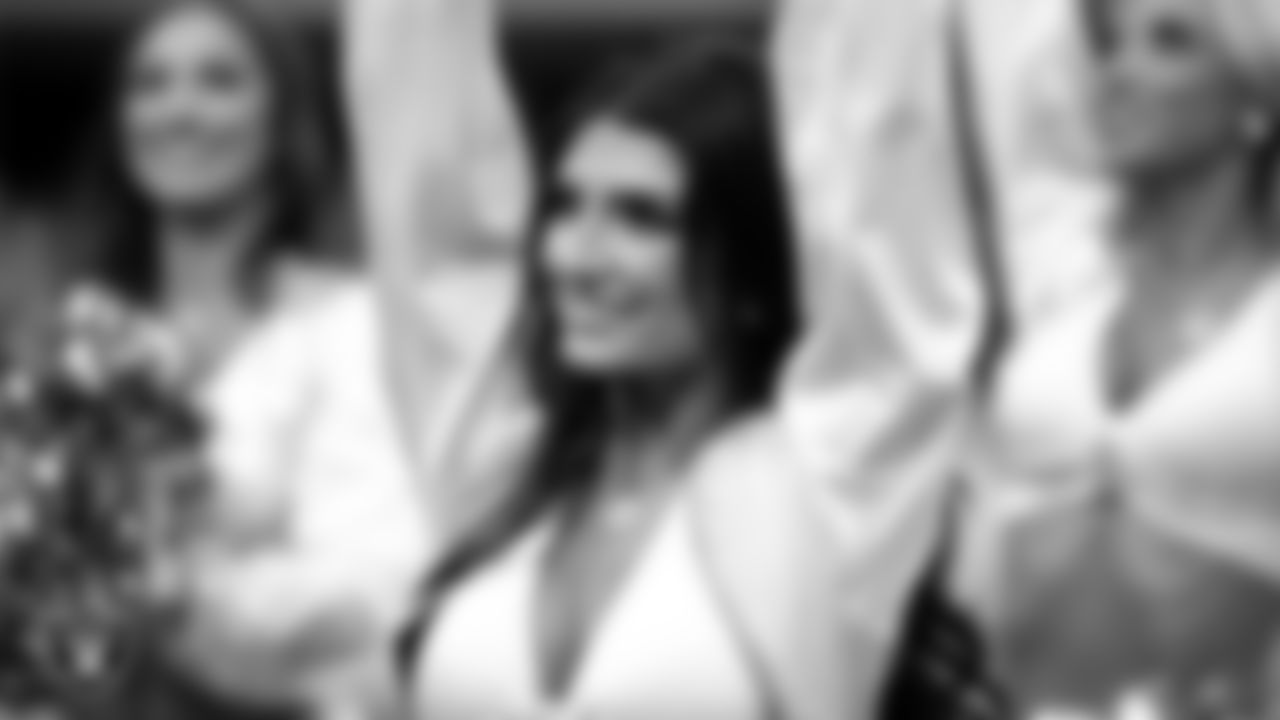 Raiderette Kylee on the sidelines during the preseason home game against the San Francisco 49ers at Allegiant Stadium.