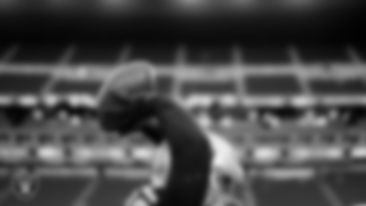 Las Vegas Raiders long snapper Jacob Bobenmoyer (50) warming up before the regular season home game against the Cleveland Browns at Allegiant Stadium.