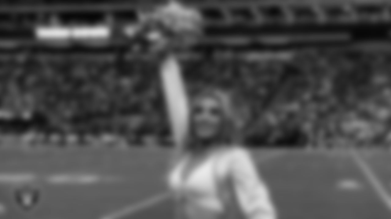 Raiderette Hayley on the sidelines during the regular season home game against the Denver Broncos at Allegiant Stadium.