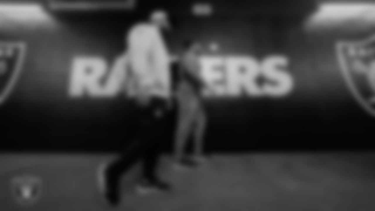 Las Vegas Raiders offensive lineman Jordan Meredith (61) and tackle Dalton Wagner (78) arrive to the preseason home game against the San Francisco 49ers at Allegiant Stadium.