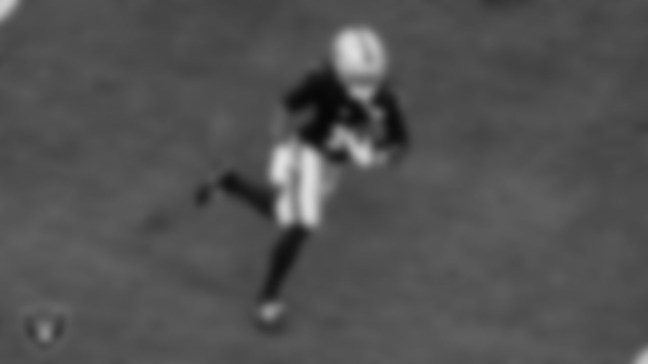 Las Vegas Raiders wide receiver Tre Tucker (1) runs after making a catch during the regular season home game against the Tennessee Titans at Allegiant Stadium.