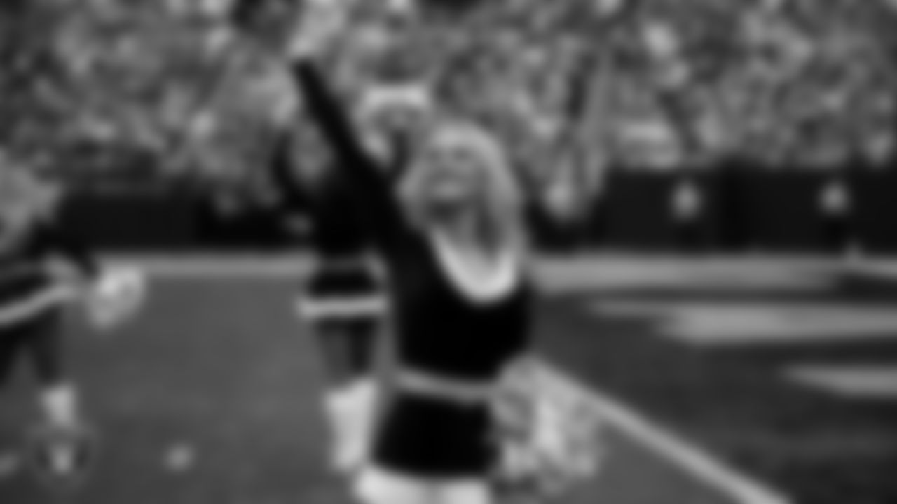 Raiderette Jessica during player introductions before the regular season home game against the New York Giants at Allegiant Stadium.
