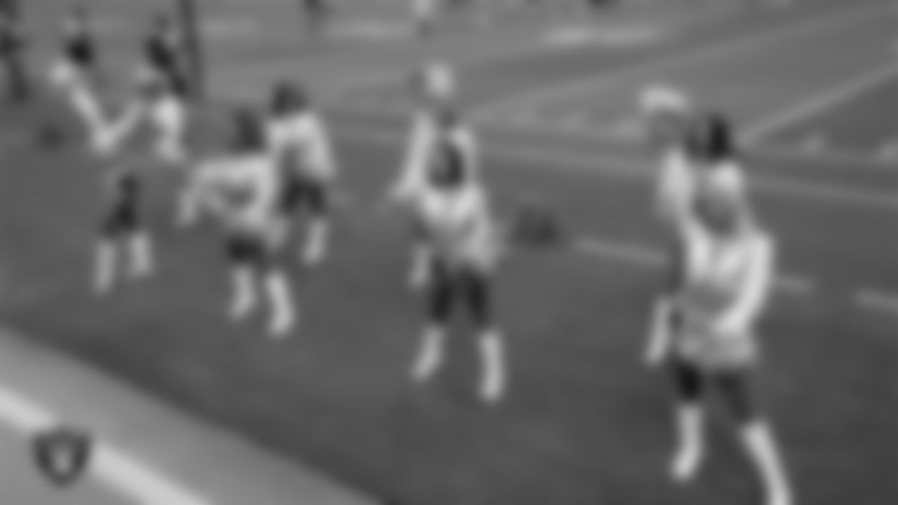 Line 1 of the Raiderettes on the sidelines during a 2025 Training Camp mock game at Allegiant Stadium.